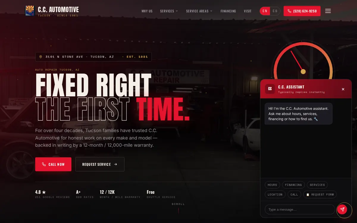 C.C. Automotive Tucson website with the C.C. Assistant AI chatbot open, with quick buttons for hours, financing, services, location, call and request form