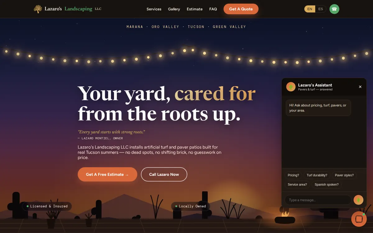 Lazaro's Landscaping website in Tucson with an AI chat assistant open, with quick questions on pricing, turf durability, paver styles, service area and Spanish spoken
